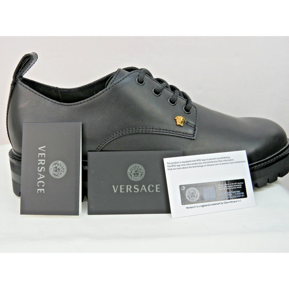 NIB VERSACE BLACK LEATHER GOLD MEDUSA LOGO DERBY LUG SOLE OXFORDS 44 11